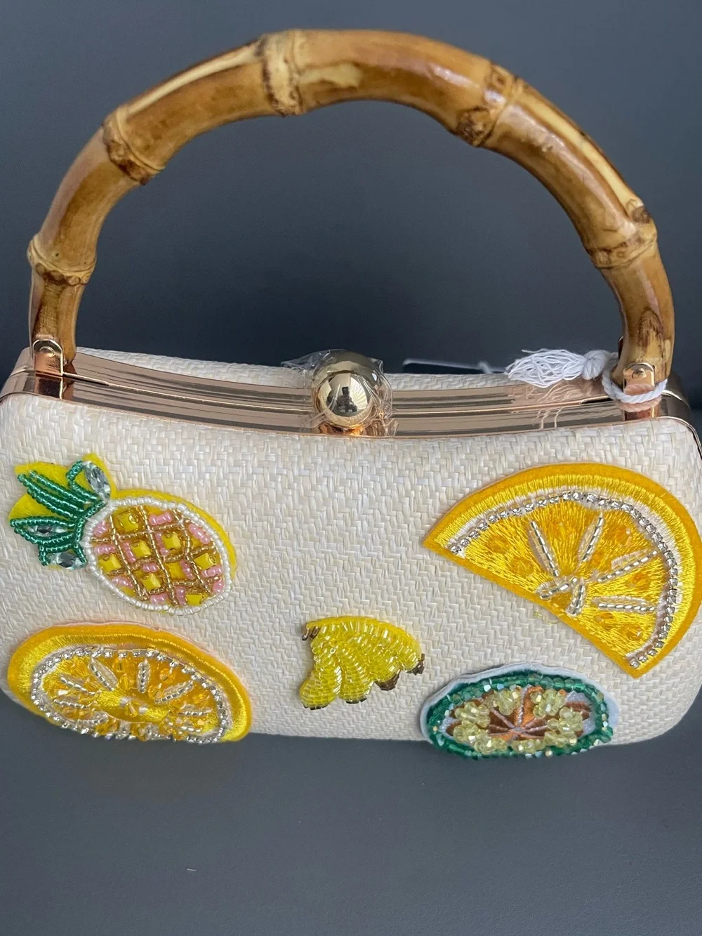 Haute Hippie Beaded Viral Fruit Clutch With Bamboo Handle - Picture 4 of 8